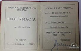 Legitymacja - odznaczenie Henryka Kozłowskiego medalem za Warszawę, 1973  r.
