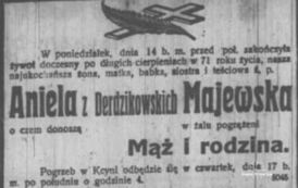 1918 r. Nekrolog Anieli Majewskiej. Z archiwum rodziny Majewskich 