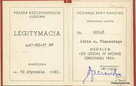 Legitymacja - medal za udział w wojnie obronnej 1939 r. Z archiwum Władysława Rudaś