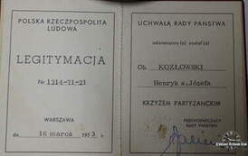 Legitymacja - odznaczenie Henryka Kozłowskiego Krzyżem Powstańczym. 
