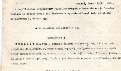 Postanowienie o umorzeniu śledztwa. Z archiwum Pawła Cieślewicza