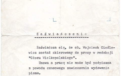 Zaświadczenie o skierowaniu do pracy w redakcji. Z archiwum Pawła Cieślewicza