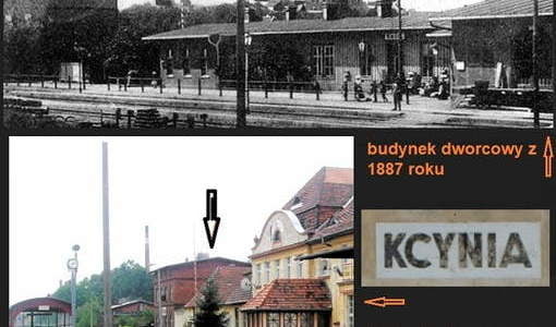 Ulica Dworcowa w Kcyni. 138 lat temu wybudowano pierwszy dworzec. Następny budynek dworcowy, który wybudowano w miejscu starego, liczy sobie 112 lat. Czarną strzałką zaznaczyłem budynek mieszkalny, który przetrwał wichry historii i stoi do dzisiaj. Oprac.