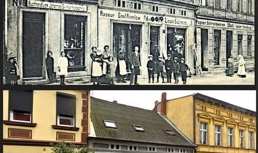 Ulica Poznańska, obecnie Poznańska 6, 7, 8. Dawna pocztówka około roku 1900 ze zbioru pana Zbigniewa Prusaka. Współczesne zdjęcie Google Earth. Opracował Tomasz Kmiotek 