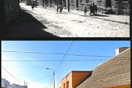 Kcynia ul. Szewska, ponad 60 lat między dwoma zdjęciami. Na jednym sporo dzieci, na drugim dużo samochodów. Źródło: PKZ Poznań, Google Earth. Oprac. Tomasz Kmiotek