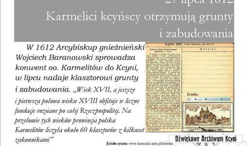 Fundacja zakonu Karmelitów w Kcyni. Kcyńskie kalendarium. 